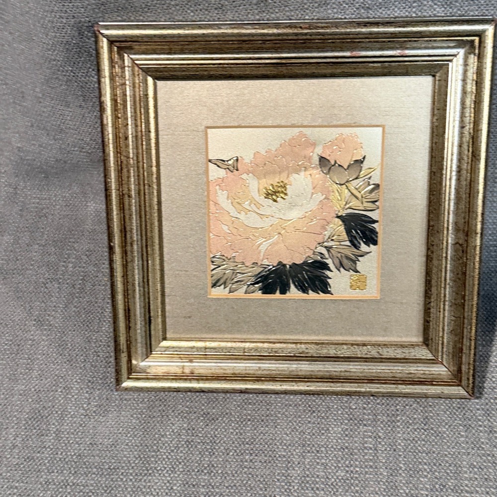 Lin-Art Ltd Chokin Art Japanese Engraved Gold Silver Copper Peony Framed 4x4